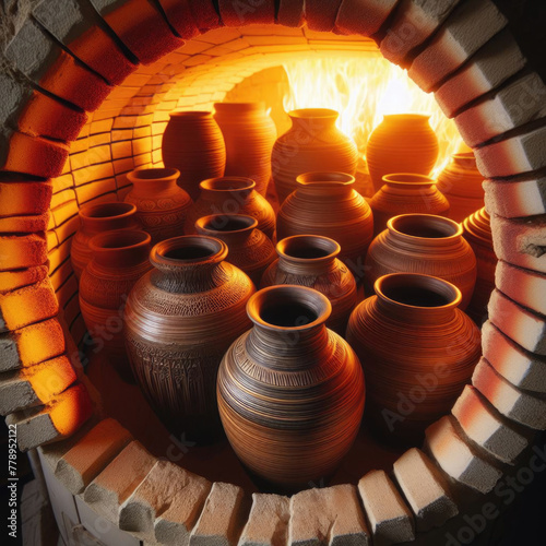 Freshly created pots placed in kiln for firing
 photo