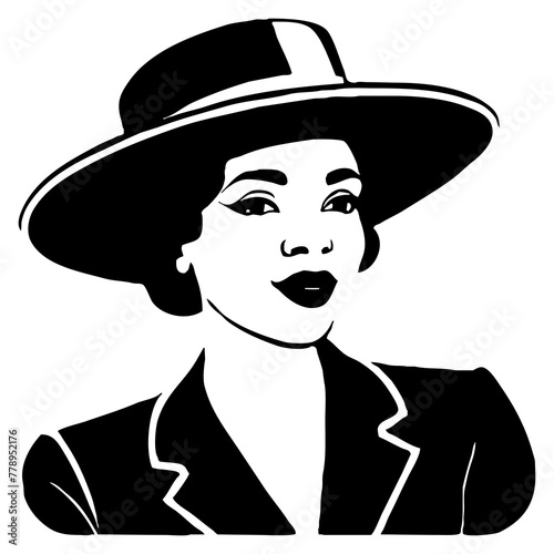 Fictional character of a woman with a hat. Black and white illustration. Logo design for use in graphics. Generated by Ai