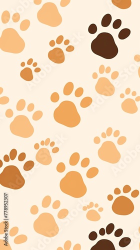 Tan paw prints on a background, minimalist backdrop pattern with copy space for design or photo, animal pet cute surface