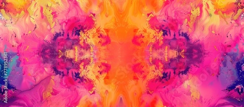 A vibrant tiedye pattern resembling a colorful plant with orange, purple, pink, violet, and magenta petals, creating an artistic painting on a wall photo