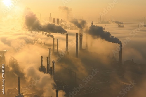 Air pollution, industry plant dawn smoke smog emissions, bad ecology concept 