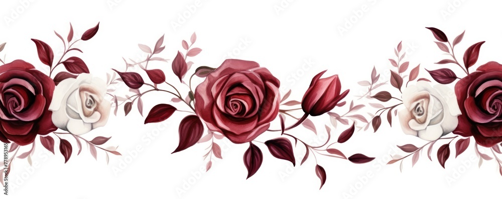 Maroon roses watercolor clipart on white background, defined edges floral flower pattern background with copy space for design text or photo backdrop minimalistic 