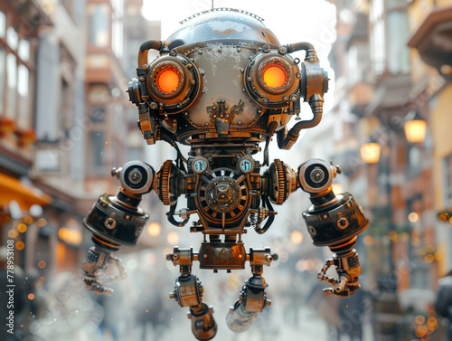 Mechanical Automaton, Steam-Powered, Victorian innovation at its peak, wandering the bustling streets of a city, with gears whirring and steam hissing, set in a world that bridges the Victorian
