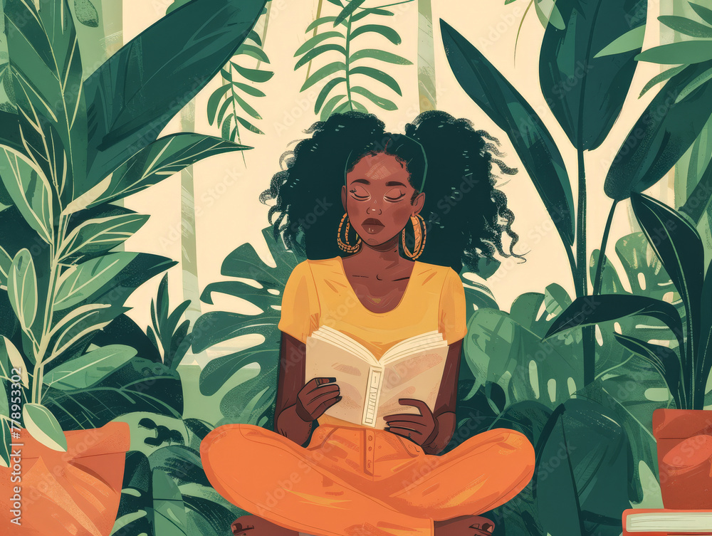 Illustration of a young woman in harmony with her environment Illustration of a young woman in harmony with her environment
