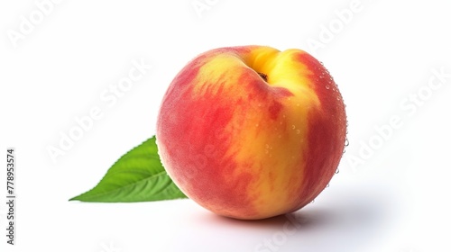Ripe peach with leaf isolated on white background. Studio shot.