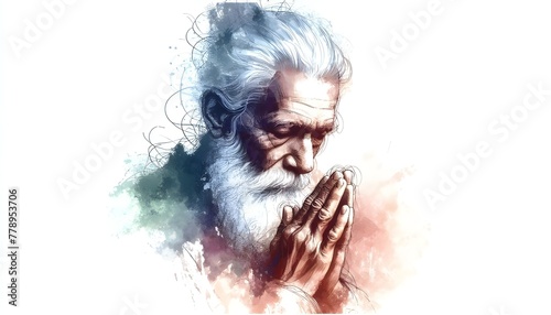  Handsome old man praying with her hands clasped against a white background.