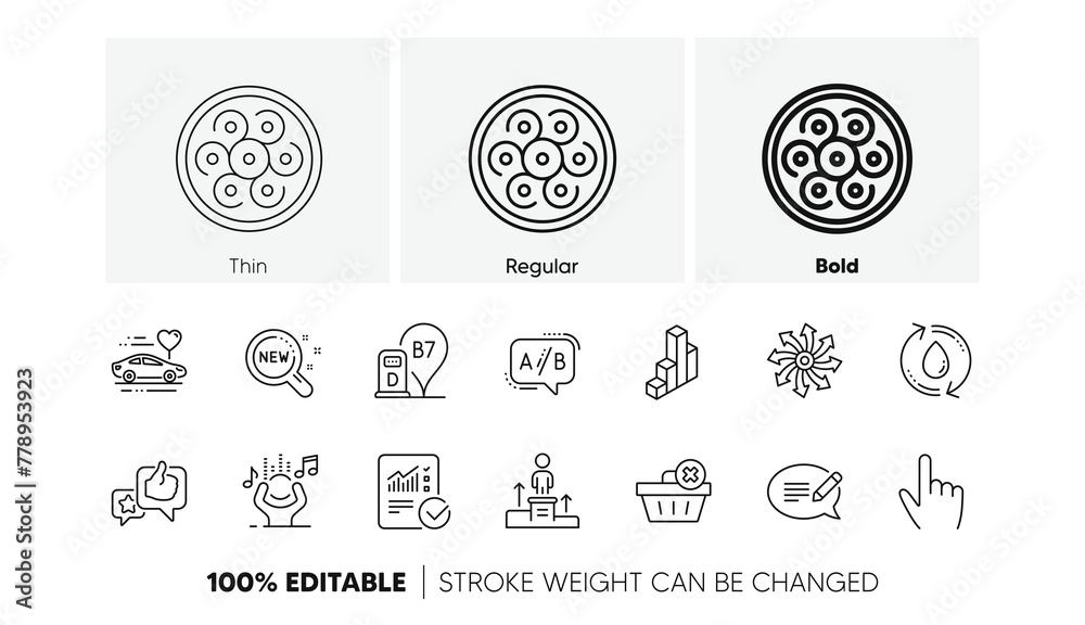 3d chart, New products and Honeymoon travel line icons. Pack of Diesel station, Cable section, Message icon. Like, Ab testing, Cursor pictogram. Refill water, Checked calculation, Delete order. Vector