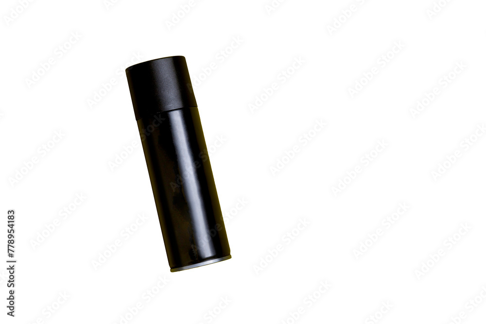 Black spray can isolated on yellow background. Mockup. Can concept. Beauty product concept. Space for text. Mockup. Black spray can isolated on yellow background. Mockup. Can concept. Beauty product concept. Space for text. Mockup.