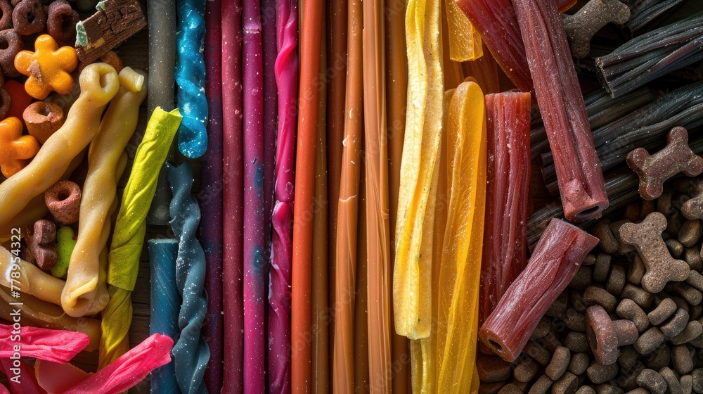 Variety of colorful candies on wooden background. Top view.