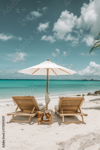Beach chairs and umbrella on the beach 