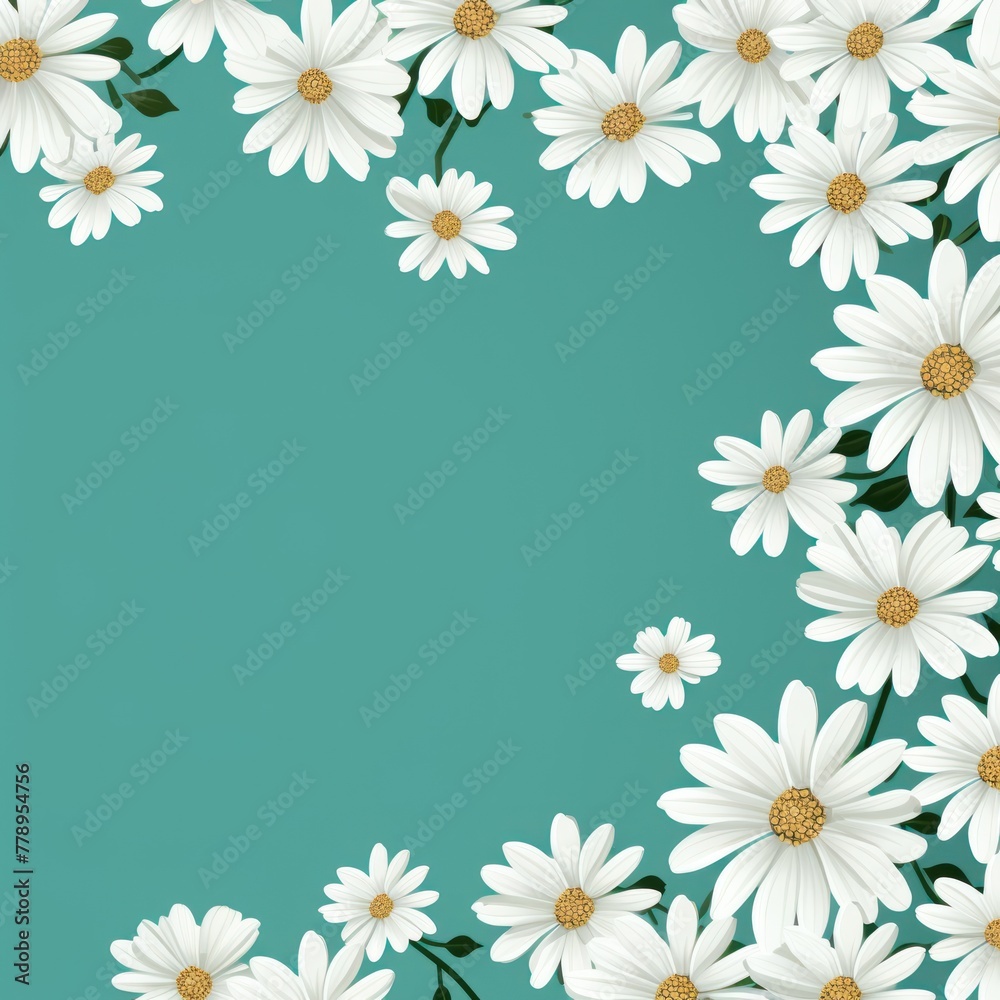 Mint Green and white daisy pattern, hand draw, simple line, flower floral spring summer background design with copy space for text or photo backdrop 
