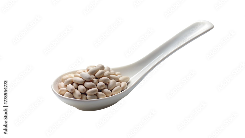 White ceramic spoon full of soybeans isolated on transparent background.