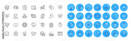 Shopping cart, Fireworks and Web photo line icons pack. Sleep, Fireworks stars, Bicycle helmet web icon. True love, Love ticket, Delivery pictogram. Sale bags, Present, Market. Sunset. Vector