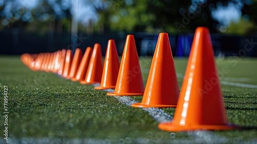 Orange traffic cones on a football field.