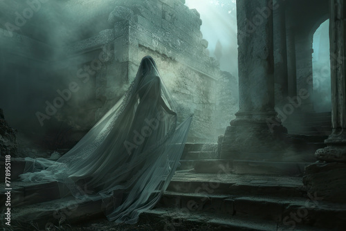 Ethereal Banshee, veiled in pale moonlight, drifts through ancient ruins, her presence evoking a sense of melancholy. photo