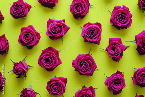 Pattern of Pink Roses on Bright Yellow Background with Central Rose
