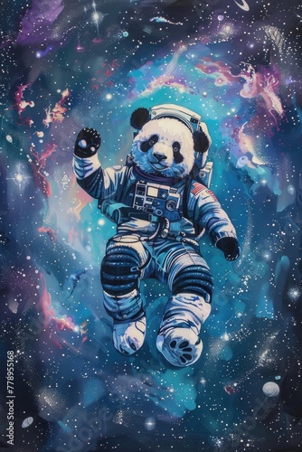 Detailed image of a panda astronaut floating peacefully, with a backdrop of the Milky Way