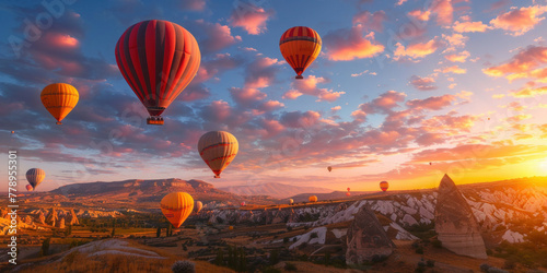 Colorful hot air balloons flying over Cappadocia valley at sunrise, Turkey, aerial view of picturesque landscape with mountains
