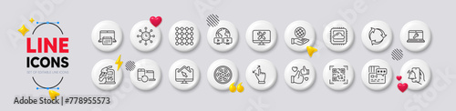 Like, Touchscreen gesture and Cable section line icons. White buttons 3d icons. Pack of Work home, Safe planet, Density icon. Card, Video conference, Recovery devices pictogram. Vector