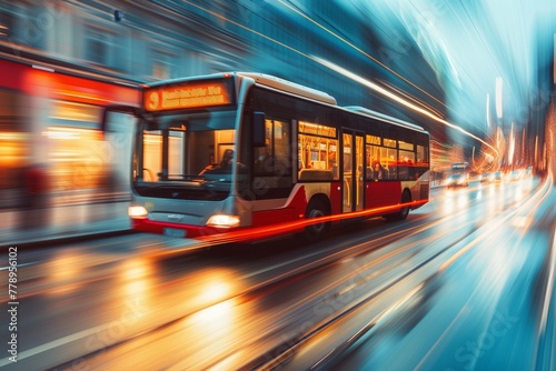 City bus in motion driving through urban streets with dynamic motion blur 