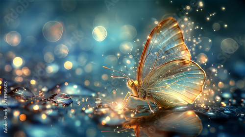Transparent golden magic butterfly on a blurred blue background with golden lights. Copy space. High quality illustration