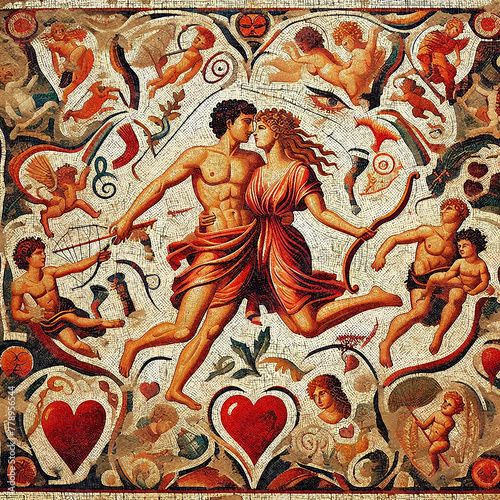 Ancient roman mosaic illustration on the theme of love 