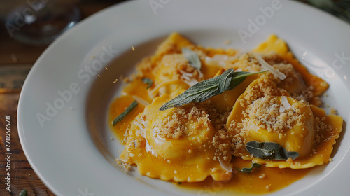 Butternut squash ravioli adorned with sage and walnut crumble, presented in a buttery sauce on a white dish. 