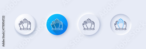 Vote hands line icon. Neumorphic, Blue gradient, 3d pin buttons. Election voting sign. Volunteers or referendum symbol. Line icons. Neumorphic buttons with outline signs. Vector