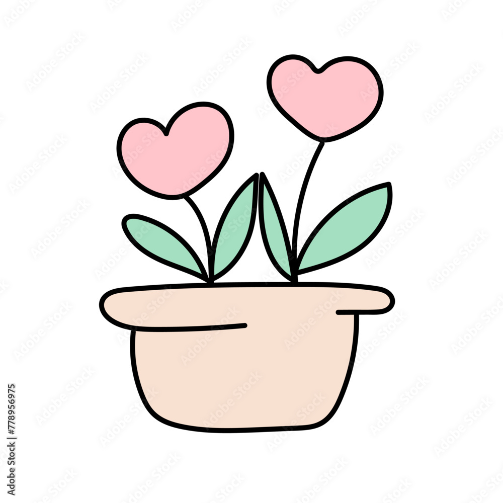 Flowers in a pot with hearts in doodle style