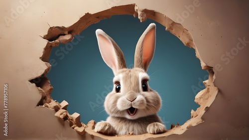Easter bunny poster peeking out of a hole in the wall with copy space, rabbit jumps out of a torn hole