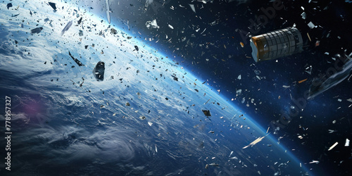 Space debris orbiting Earth, a stunning depiction of manmade objects floating in space with our planet as a backdrop