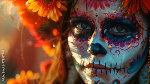 Day of the dead celebrant in mexico with vivid face paint and detailed realism under soft backlight