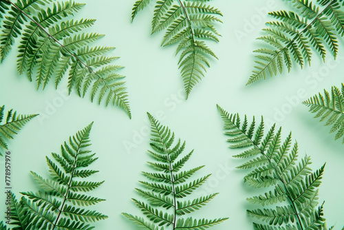 Circle of Green Fern Leaves on Light Green Background, Top View Botanical Nature Background Concept with Copy Space