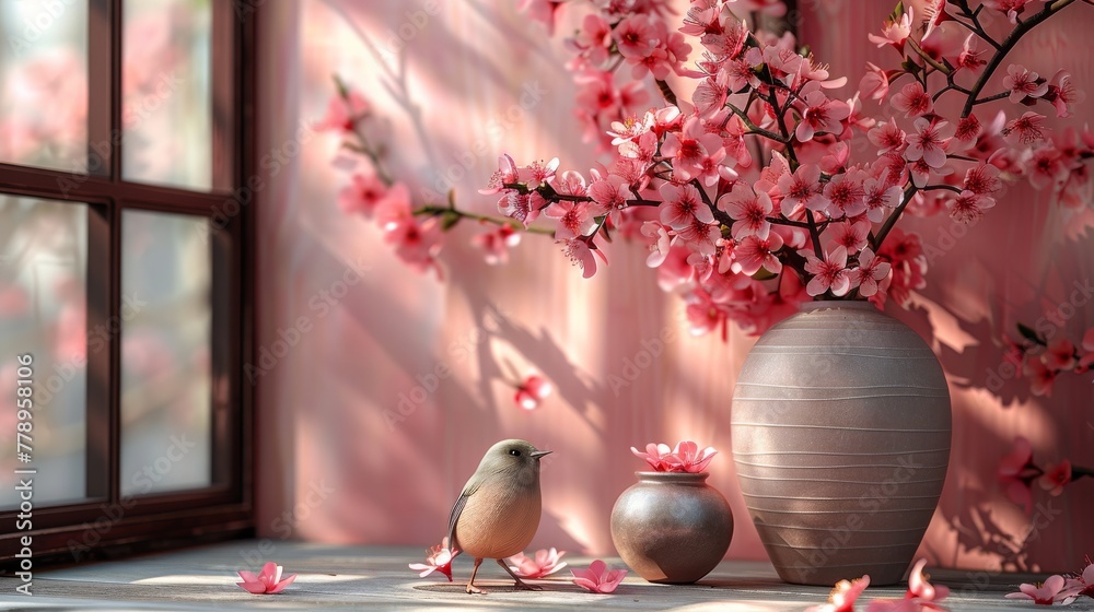 Fototapeta premium Pink ceramic plates decorated with fresh spring sakura or cherry blossom flowers and branches isolated on a simple background. Generative AI.