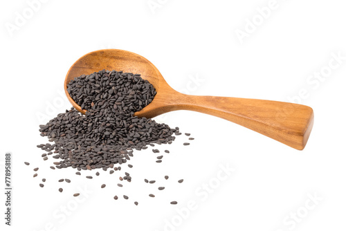 Black Sesame Seeds  in a wooden spoon. isolated on a white background.