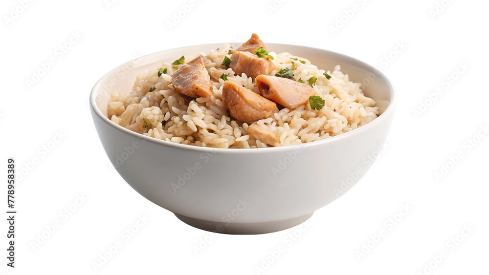White bowl of chicken rice isolated on transparent background White bowl of chicken rice isolated on transparent background