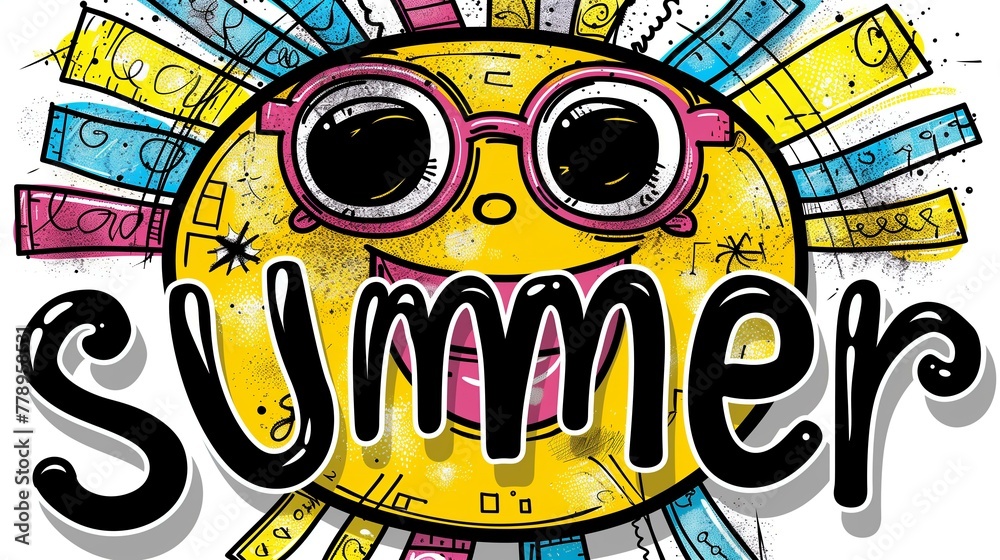 yellow sun with pink sunglasses and colorful rays, surrounded by the word 