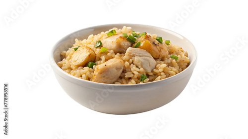White bowl of chicken rice isolated on transparent background