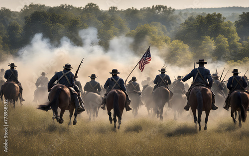 Rear view of Union soldiers charging toward Confederate soldiers during the Battle of Gettysburg in 1863