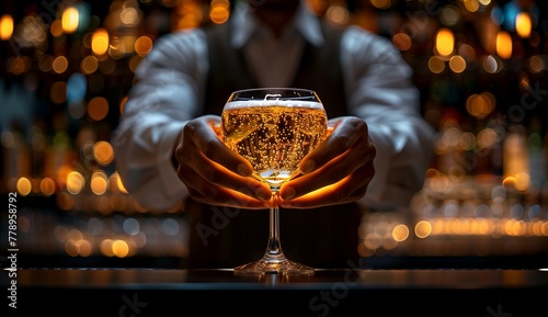 bartender's hands delicately hold the glass of champagne, with warm lighting illuminating its golden hues and sparkling bubbles in an elegant bar setting