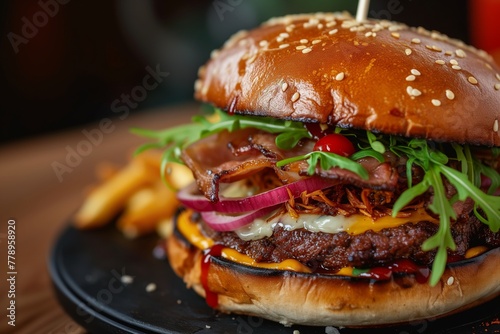 Delicious burger with pulled pork	