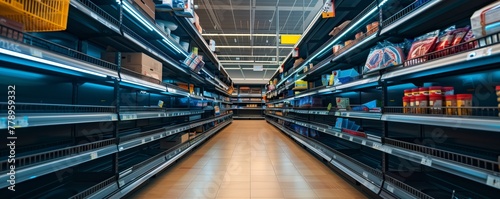 Empty shelves in grocery store. Supermarket with empty shelves after panic shopping during crisis	 photo