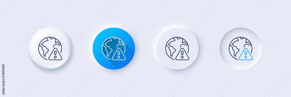 Internet warning line icon. Neumorphic, Blue gradient, 3d pin buttons. Attention triangle sign. Caution alert symbol. Line icons. Neumorphic buttons with outline signs. Vector Internet warning line icon. Neumorphic, Blue gradient, 3d pin buttons. Attention triangle sign. Caution alert symbol. Line icons. Neumorphic buttons with outline signs. Vector