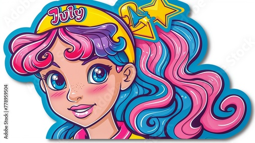 Sticker design of a young princess with long pink and blue hair, big eyes