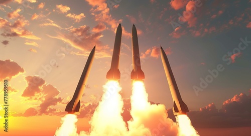 four missile launchers launching missiles into the sky