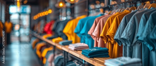A row of colorful t-shirts were on display in the store, with soft lighting and a blurred background photo