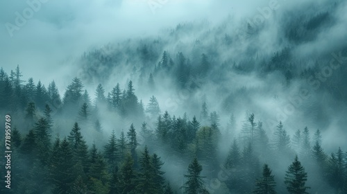   A forest filled with trees covered in fog and smoky in haze © Olga