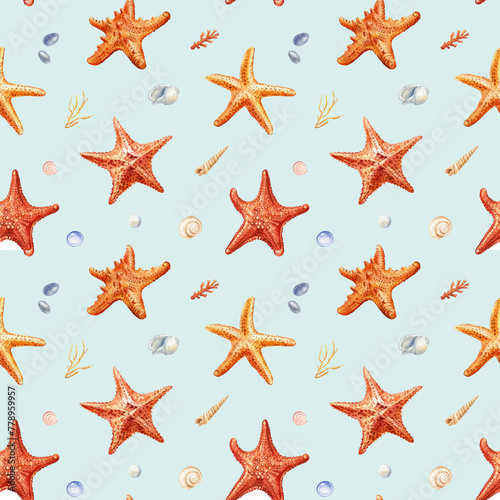 Watercolor seashell seamless pattern. Underwater creatures, crab, starfish, sea shell, coral, nautical Design wallpaper