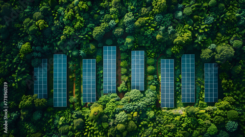 Aerial view of solar panels field on hillside