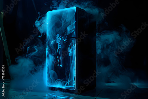 Spooky neon outlines of a refrigerator with creeping shadows isolated on black background. photo